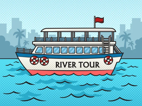 Rio Passeio Barco Turístico Água Pinup Pop Arte Retro Vetor —  Vetores de Stock