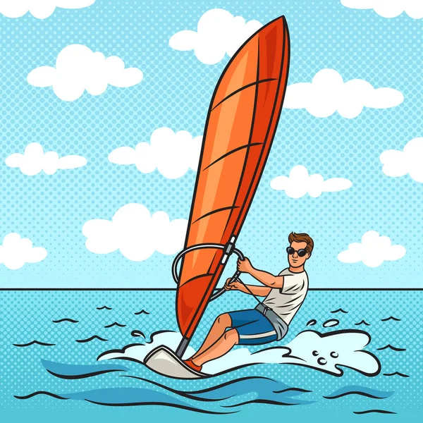 Man Doet Windsurfen Watersport Pin Pop Art Retro Vector Illustratie — Stockvector