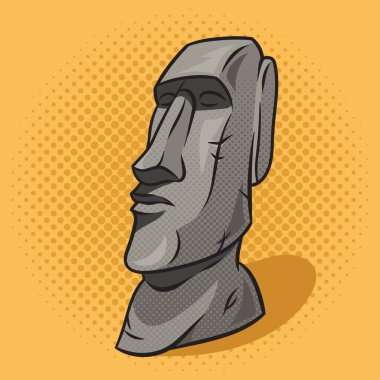 Moai taşı heykel insan figürü pop sanat retro vektör çizimi. Çizgi roman tarzı taklit.