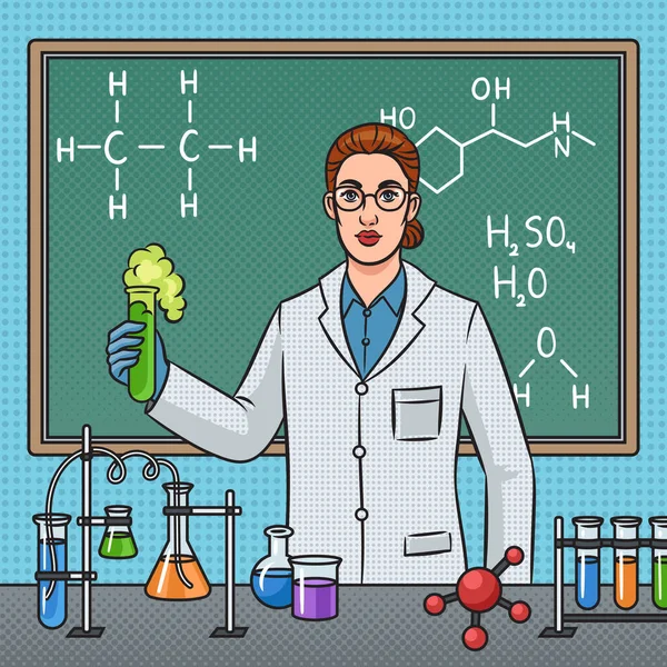 Chemistry teacher in chemistry lab conducting an experiment with liquids in glass flasks pinup pop art retro raster illustration. Comic book style imitation.