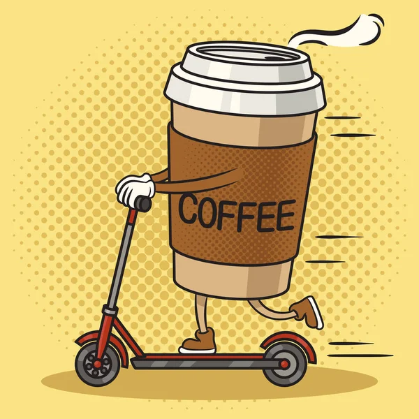 Kopp Kaffe Rider Elektrisk Skoter Pinup Popkonst Retro Vektor Illustration — Stock vektor