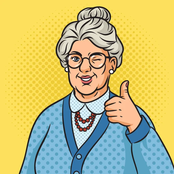 Old Granny Winking Thumbs Pinup Pop Art Retro Vector Illustration — Stock Vector