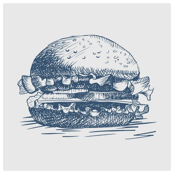 Burger Sandwich Croquis Obsolète Illustration Vectorielle Style Bleu Ancienne Gravure — Image vectorielle