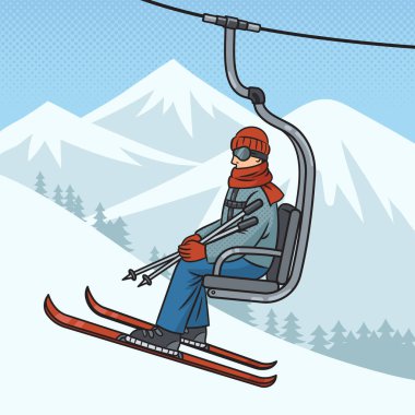 skier rides mountain on ski lift pinup pop art retro vector illustration. Comic book style imitation. clipart