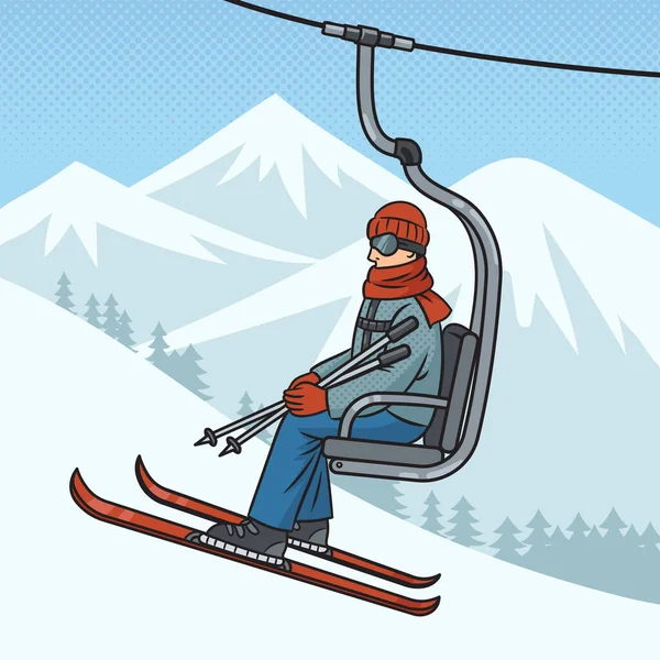スキーヤーはスキーリフトのピンナップポップアートレトロベクトルイラストで山に乗る 漫画風模倣 — ストックベクタ