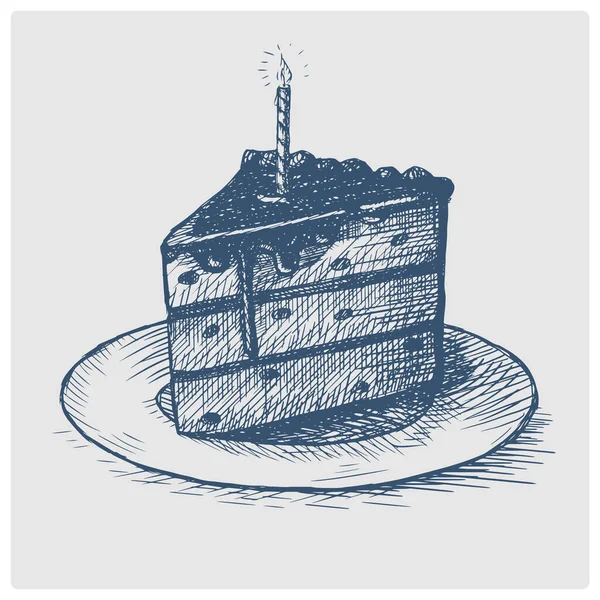 Pedazo Pastel Con Boceto Vela Cumpleaños Obsoleta Ilustración Vectorial Estilo — Vector de stock