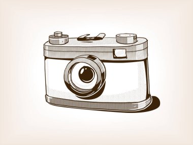 Küçük eski fotoğraf makinesi çizimi kahverengi stil vektör çizimi. Eski el çizimi taklidi.