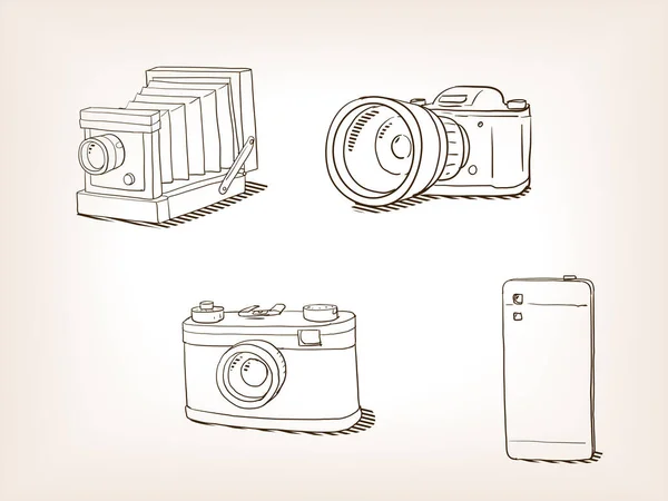 Alte Kamerasätze Der Evolution Skizzieren Eine Vektorillustration Braunen Stil Alte — Stockvektor
