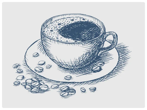 Чашка Кофе Блюдце Эскизом Кофейных Зерен Устарела Синем Стиле Векторной — стоковый вектор