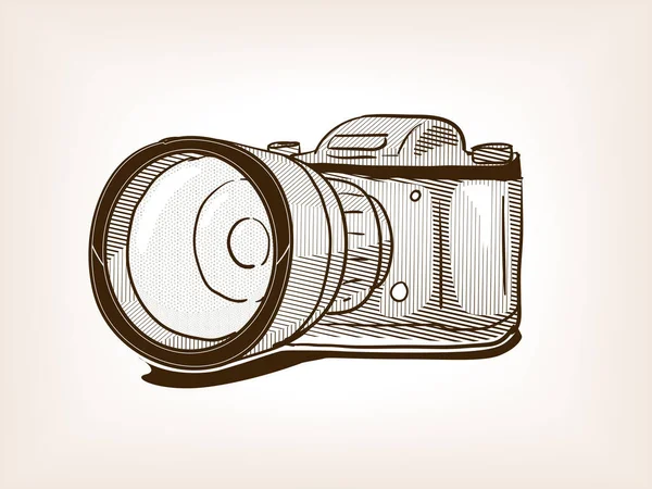ビッグレンズ古い写真カメラのスケッチ茶色のスタイルのベクトルイラスト 古い手描き彫刻模倣品 — ストックベクタ