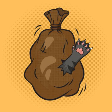 Poşetteki kedi populer sanat retro çizimi illüstrasyonu yapıyor. Çizgi roman tarzı taklit.