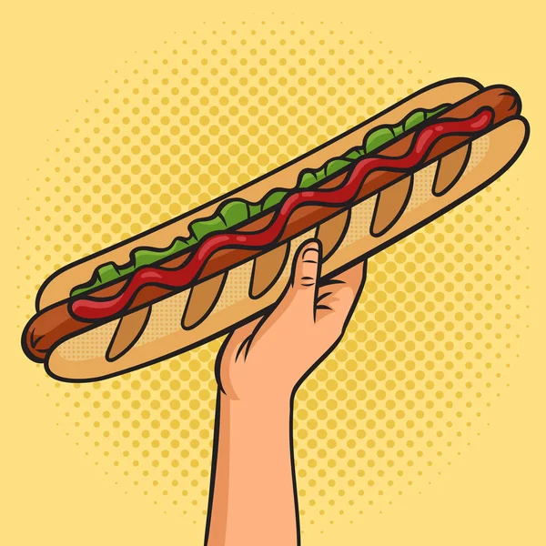 巨大的法国长面包面包热狗小吃流行艺术复古矢量插图 漫画书风格模仿 — 图库矢量图片