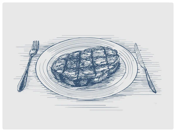 Steak Sur Plaque Croquis Obsolète Illustration Vectorielle Style Bleu Ancienne — Image vectorielle