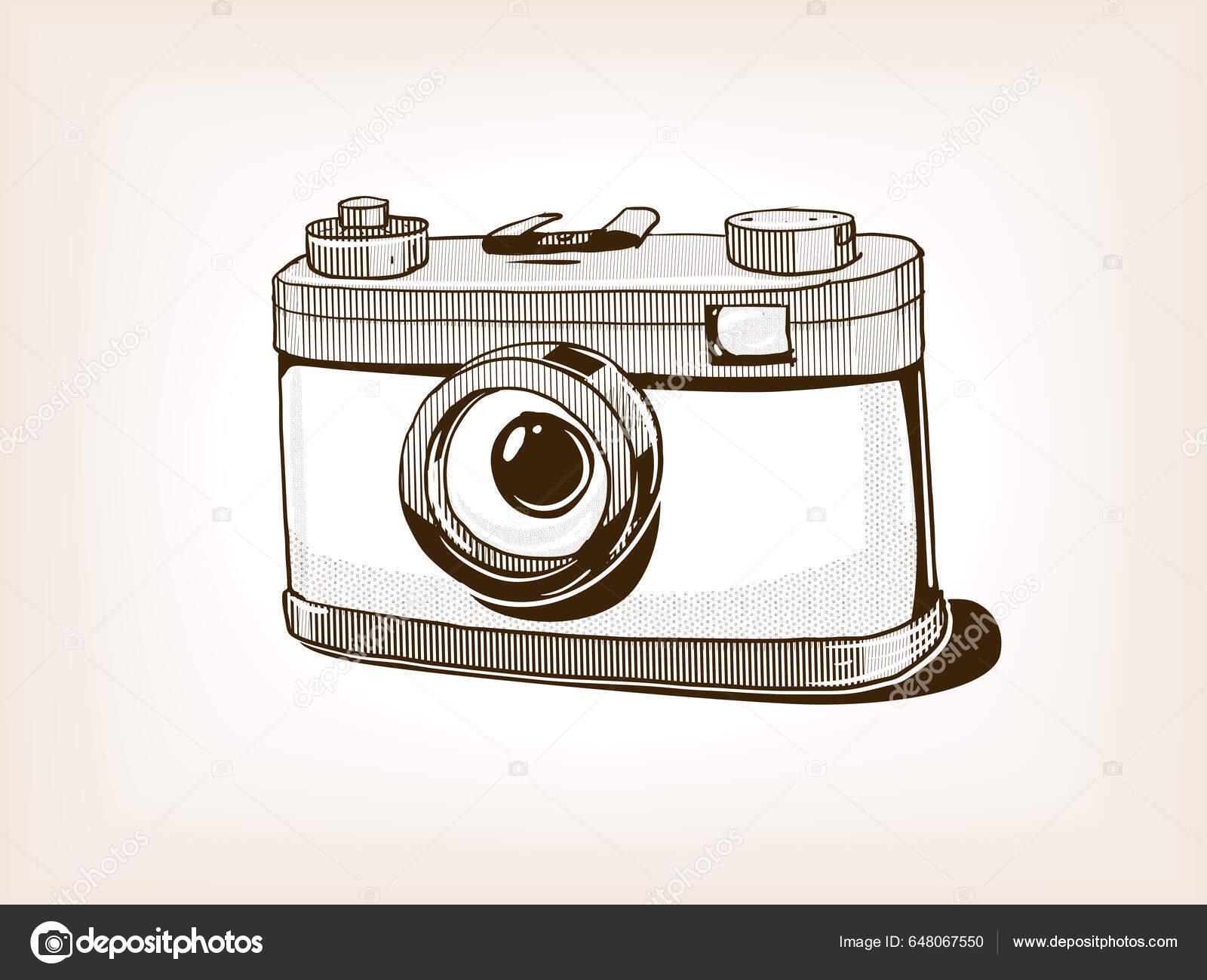 Small Old Photo Camera Sketch Brown Style Raster Illustration Old