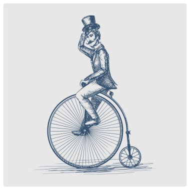 Man on retro vintage old bicycle sketch obsolete blue style raster illustration. Old hand drawn azure engraving imitation. clipart