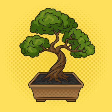 Bonsai Japon yeşil ağacı pop sanat retro-raster illüstrasyonu. Çizgi roman tarzı taklit.