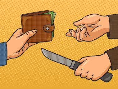 Bıçaklı soygun Pop Art Retro Raster çizimi. Çizgi roman tarzı taklit.