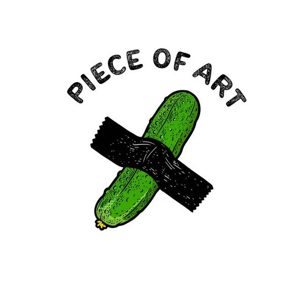 Piece of art t-shirt design cucumber taped to wall by adhesive tape modern art color line art sketch engraving raster illustration. T-shirt apparel print design. Black and white hand drawn image.