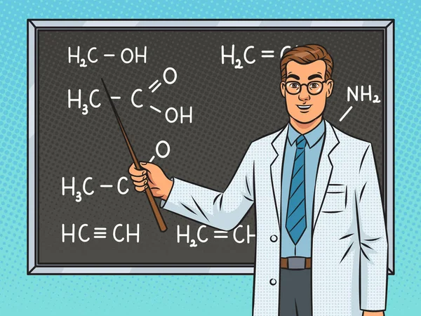 chemistry teacher shows chemical formulas at the blackboard pop art retro raster illustration. Comic book style imitation.