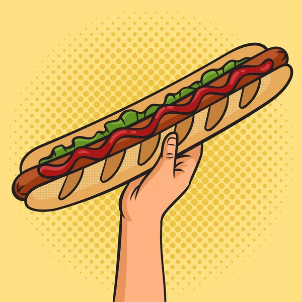 Huge french long baguette loaf hot dog pinup pop art retro raster illustration. Comic book style imitation.