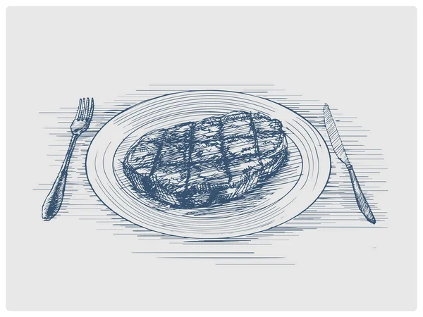 Steak Sur Plaque Croquis Obsolète Illustration Raster Style Bleu Ancienne — Photo