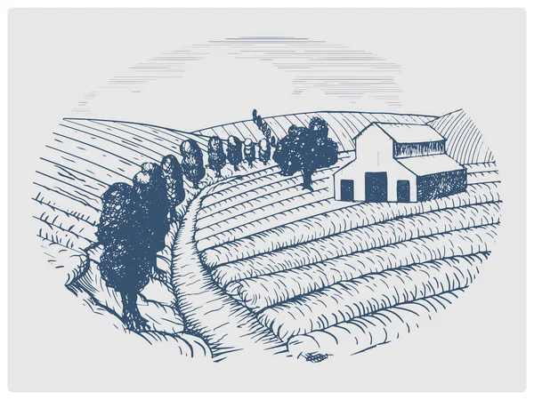 Boerderij Platteland Landschap Schets Verouderde Blauwe Stijl Raster Illustratie Oude — Stockfoto