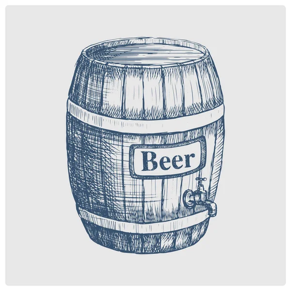 木制啤酒桶与水龙头草图过时的蓝色风格栅格插图 古老的手绘蓝光雕刻仿制 — 图库照片
