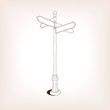 Şehir sokak işaretçisi, kahverengi stil vektör çizimi. Eski el çizimi taklidi.