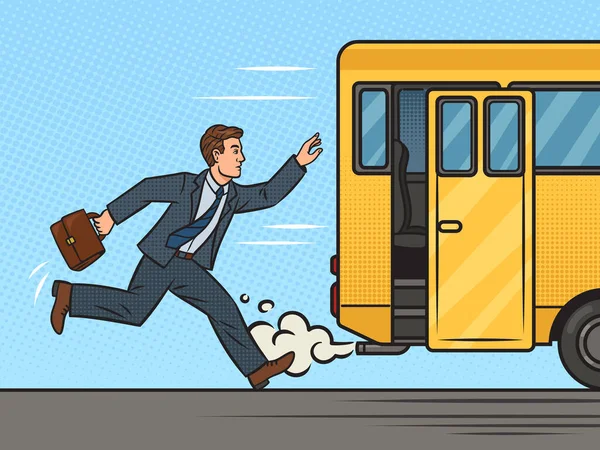 Людина Запізнюється Автобус Біжить Після Закріплює Поп Арт Ретро Ілюстрацією — стоковий вектор