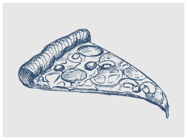 Pizza dilimi skeci modası geçmiş mavi vektör çizimi. Eski el çizimi gök mavisi gravür taklidi.