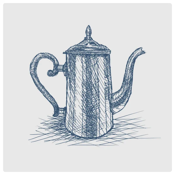 茶壶复古草图过时的蓝色风格矢量插图 古老的手绘蓝光雕刻仿制 — 图库矢量图片