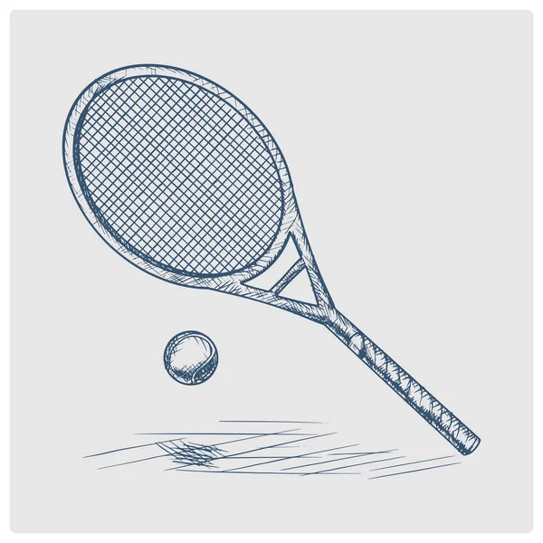Raquette Tennis Croquis Balle Illustration Vectorielle Style Bleu Obsolète Ancienne — Image vectorielle