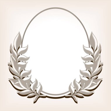 Laurel çelenk çerçeve elips skeç kahverengi stil raster illüstrasyon. Eski el çizimi taklidi.