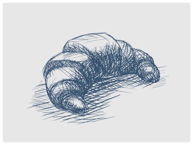 Kruvasan pastanesi ürün skecinin modası geçmiş mavi stil raster çizimi. Eski el çizimi gök mavisi gravür taklidi.