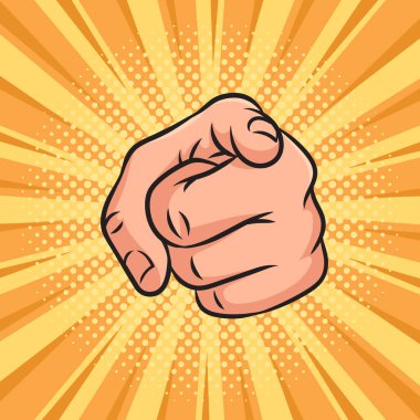 El işaretleyicisi işaret parmağı ile ileri işaret ediyor pop art retro raster illüstrasyon. Çizgi roman tarzı taklit.