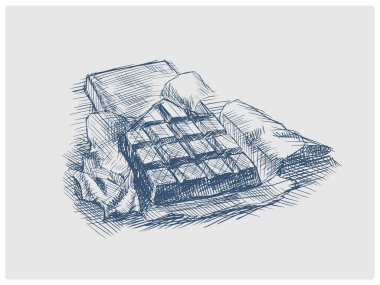 Çikolata eskizinin modası geçmiş mavi stil raster çizimi. Eski el çizimi gök mavisi gravür taklidi.