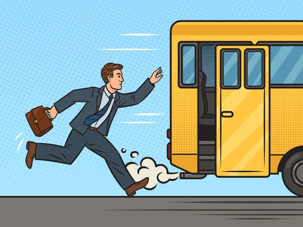 Чоловік Запізнюється Автобус Біжить Після Закріплює Поп Арту Ретро Ілюстрацію — стокове фото