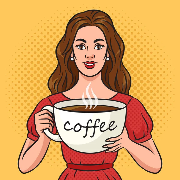 young woman girl with huge cup of coffee pinup pop art retro raster illustration. Comic book style imitation.