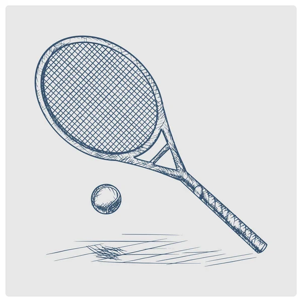 Raquette Tennis Croquis Balle Illustration Raster Style Bleu Obsolète Ancienne — Photo