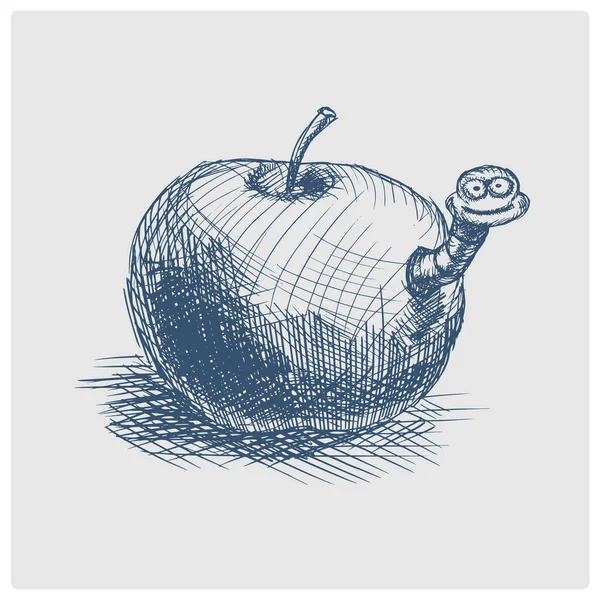 Apple fruit with worm sketch obsolete blue style raster illustration. Old hand drawn azure engraving imitation.