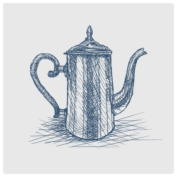 Čaj Pot Vintage Skica Zastaralý Modrý Styl Rastrové Ilustrace Stará — Stock fotografie