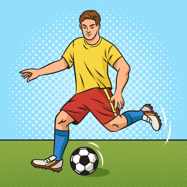 Soccer Footballer Player Kicks Ball Pinup Pop Art Retro Vector — Stock Vector
