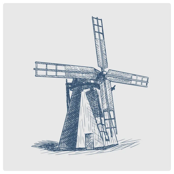 Windmill Çizimi Modası Geçmiş Mavi Vektör Çizimi Eski Çizimi Gök — Stok Vektör