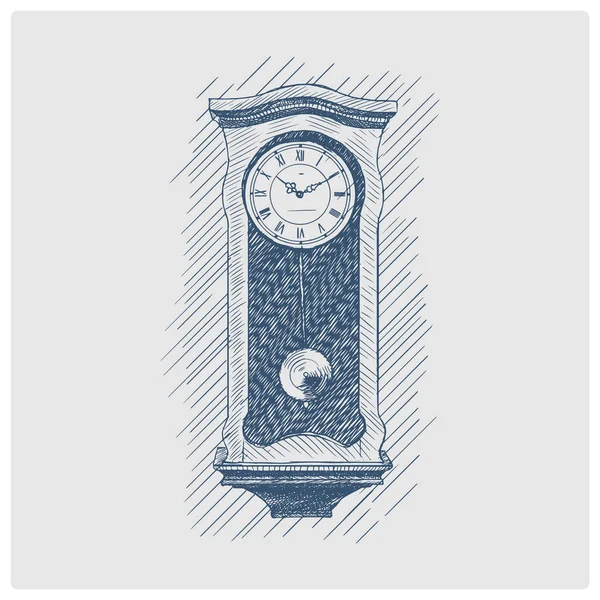 振り子スケッチの古い時計は 古い青のスタイルのベクトルイラスト 古い手描きの紺碧の彫刻の模倣 — ストックベクタ