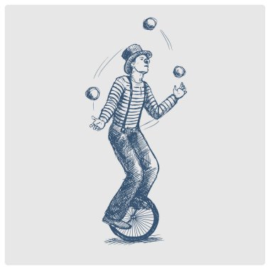 Juggler man circus on retro vintage old unicycle sketch obsolete blue style vector illustration. Old hand drawn azure engraving imitation. clipart