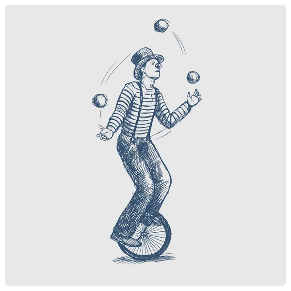 Žonglér Muž Cirkus Retro Vinobraní Starý Jednokolka Skica Zastaralé Modré — Stockový vektor