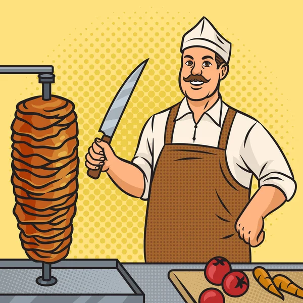 快餐街厨师Kebab Taco Burrito流行艺术复古矢量插图 漫画书风格模仿 — 图库矢量图片