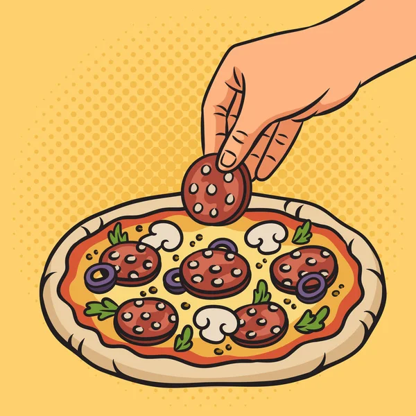 Pepperoni Pizza Pişirme Pop Sanat Retro Vektör Illüstrasyonu Çizgi Roman — Stok Vektör