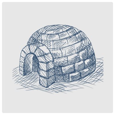 Igloo kar evi eskizinin modası geçmiş mavi stil raster çizimi. Eski el çizimi gök mavisi gravür taklidi.