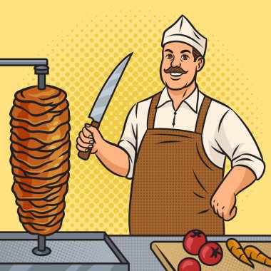 Fast food sokak şefi kebap taco burrito pop art retro raster illüstrasyonu. Çizgi roman tarzı taklit.
